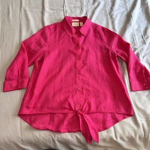 Chicos Women’s Shirt Pink Sz 1 100% Linen No-Iron Tie Button up Shirt Lagen Look